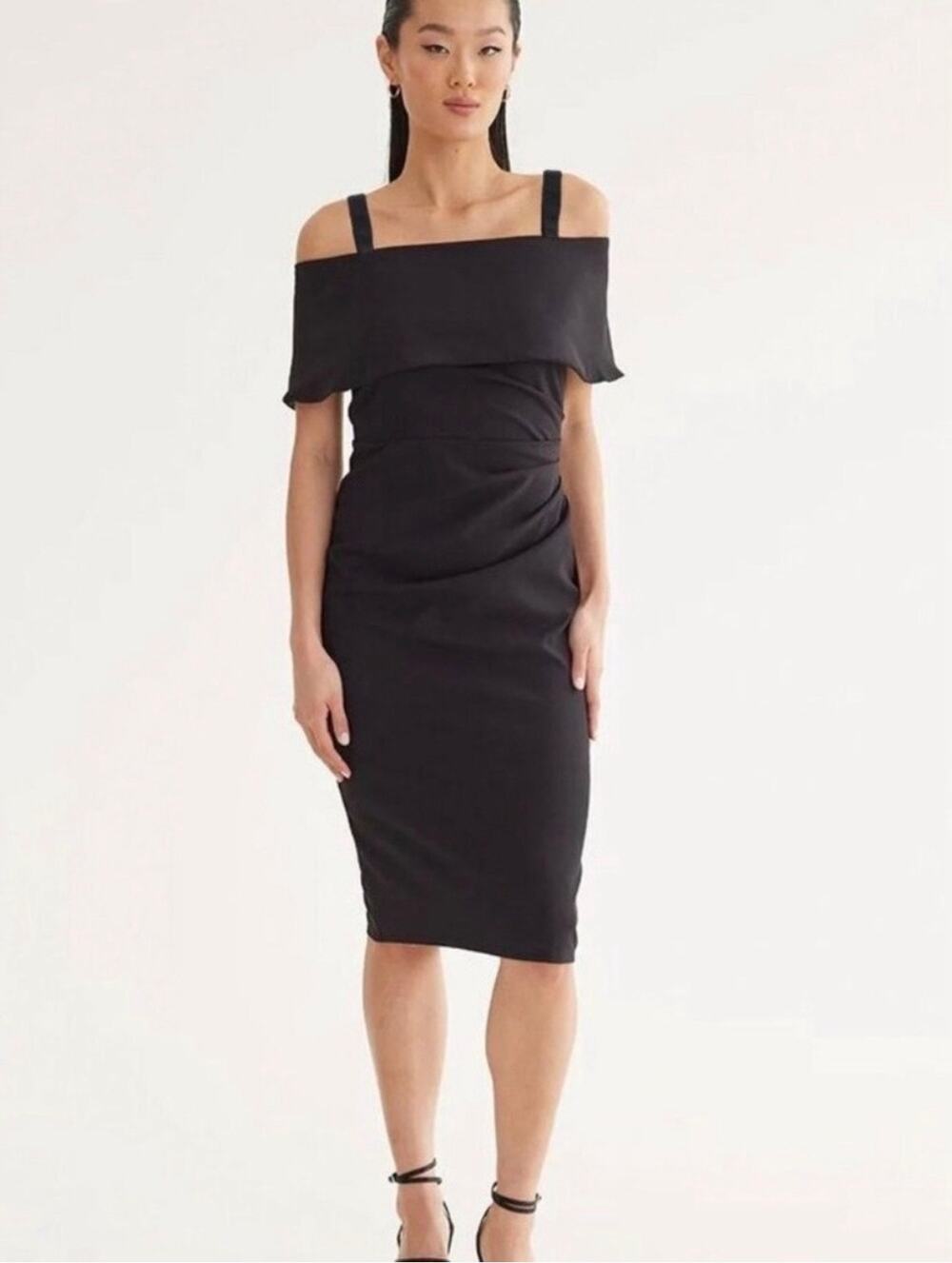 Marina Black Paris Night Off-Shoulder Bodycon Midi Dress Size 16 NWOT